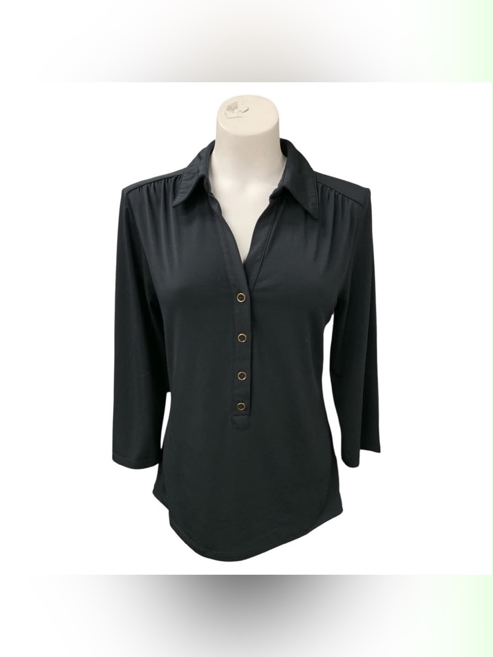 Cleo Black Button-Front Collared 3/4 Sleeve Top Size M